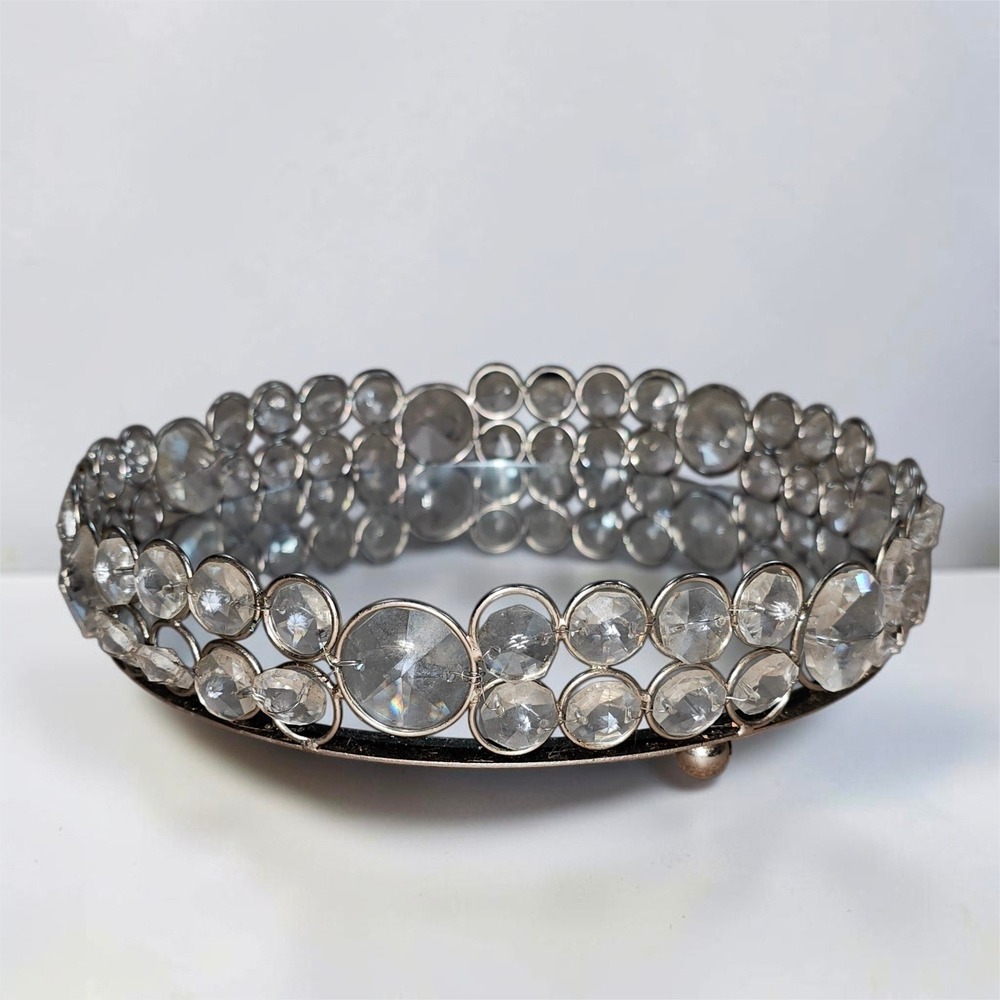 Vanity Tray Nanette Lepore OS Silver Good Mirrored Crystal Beaded Round Glam